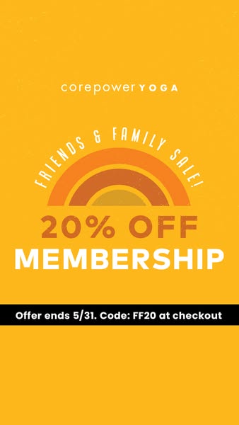 This ad promotes a limited-time offer for 20% off a Corepower Yoga membership. The ad features a bright, sunshine-yellow