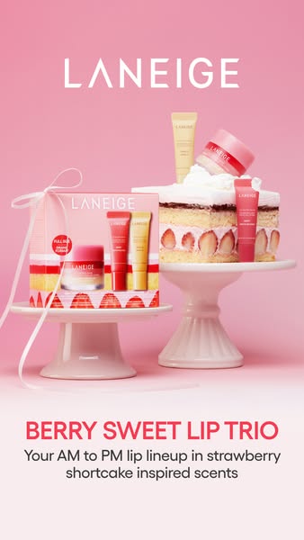 The ad features a Laneige lip care set, presented on cake stands, designed to resemble a strawberry shortcake dessert. T