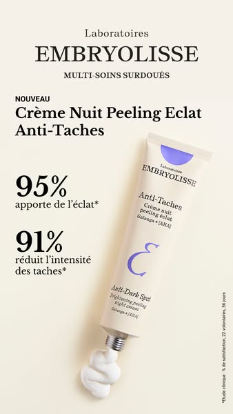 This image ad highlights the benefits and features of Embryolisse's Anti-Dark Spot Brightening Peeling Night Cream. 