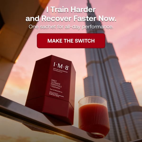 The ad showcases the I-M-8 daily ultimate essentials + hydration product, with emphasis on performance, recovery, and al