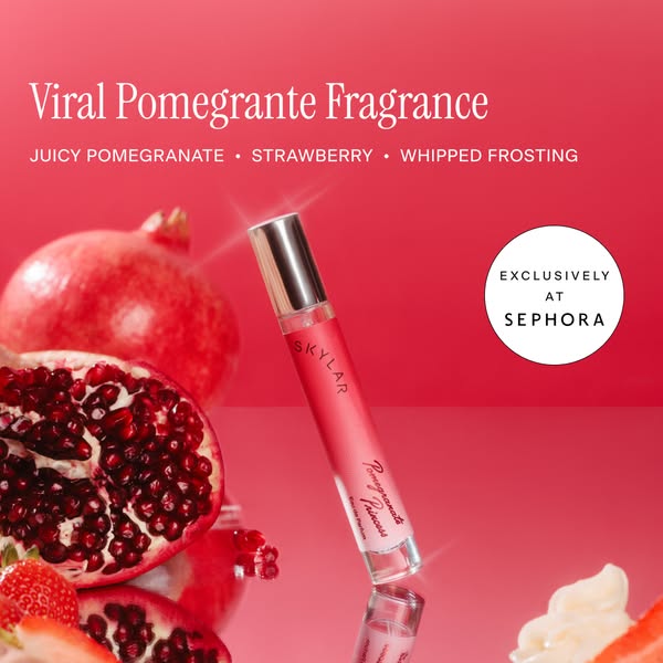 This image ad showcases the Pomegranate Princess fragrance by Skylar. The ad features the fragrance bottle alongside key