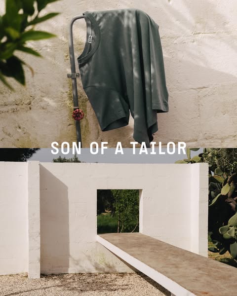 This ad features an image of a t-shirt by Son of a Tailor hung against a wall with the brand name above a landscape.