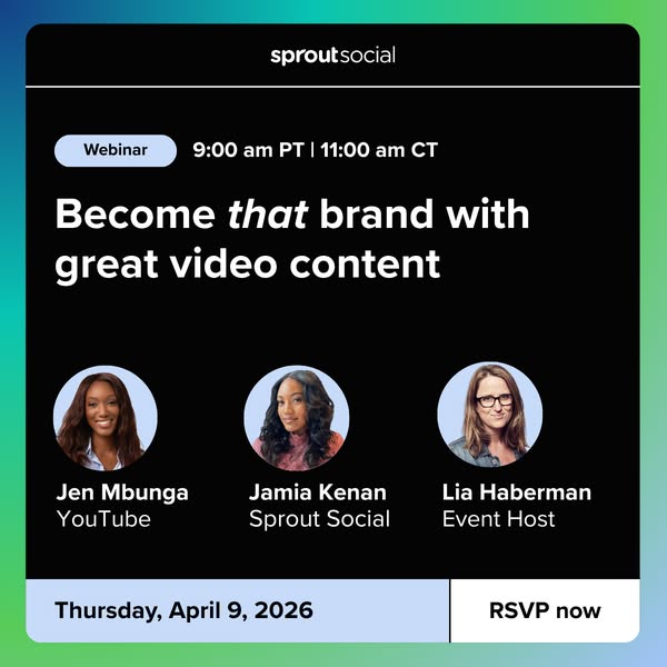 This image ad promotes a Sprout Social webinar about creating great video content. It features the names and photos of t
