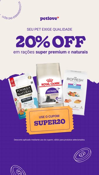 An image ad from Petlove promoting a 20% discount on super premium and natural pet food with a coupon code.