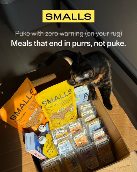 This ad presents Smalls cat food as a solution for cats that puke, offering meals that end in purrs instead. The ad feat