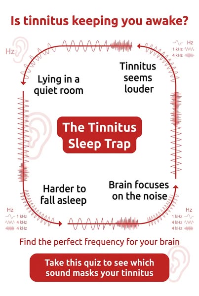 The ad is a diagram outlining how tinnitus can keep someone awake at night by focusing on the noise. It offers a quiz to
