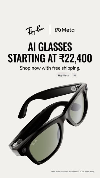 This image ad promotes Ray-Ban Meta AI glasses, highlighting their starting price and free shipping offer.
