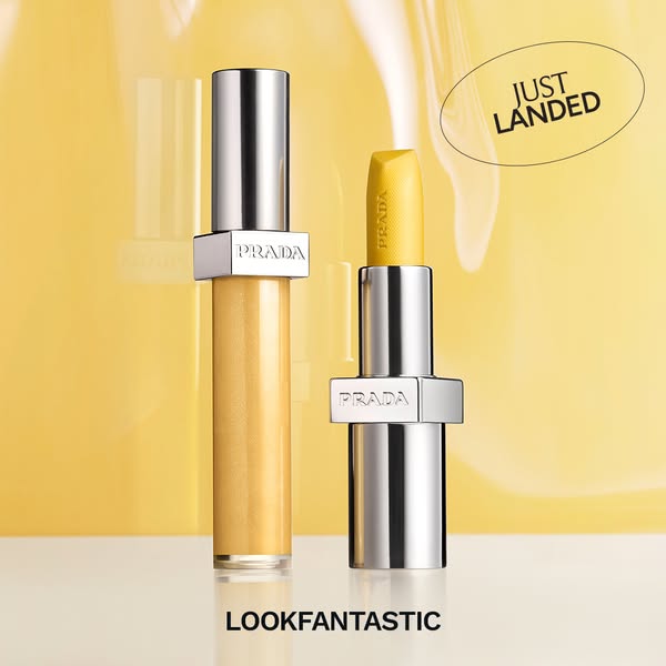This ad features Prada beauty products, specifically a lip balm and a lipstick in a yellow shade, presented on a light y