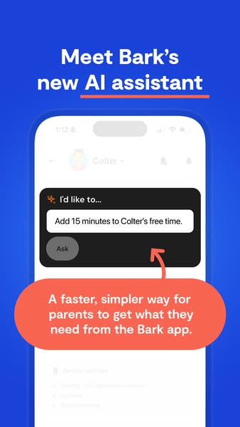This ad is promoting Bark's new AI assistant. The ad showcases a smartphone screen with an example of how a parent c