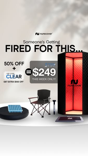 The ad promotes the Nurecover brand sauna, highlighting a significant discount and using a humorous approach to capture 