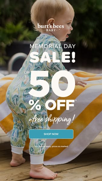 This image ad for Burt's Bees Baby promotes a Memorial Day sale with up to 50% off and free shipping. A young child 