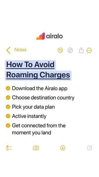 The ad is for Airalo and the ad shows a screenshot of a note that lists the steps to avoid roaming charges.