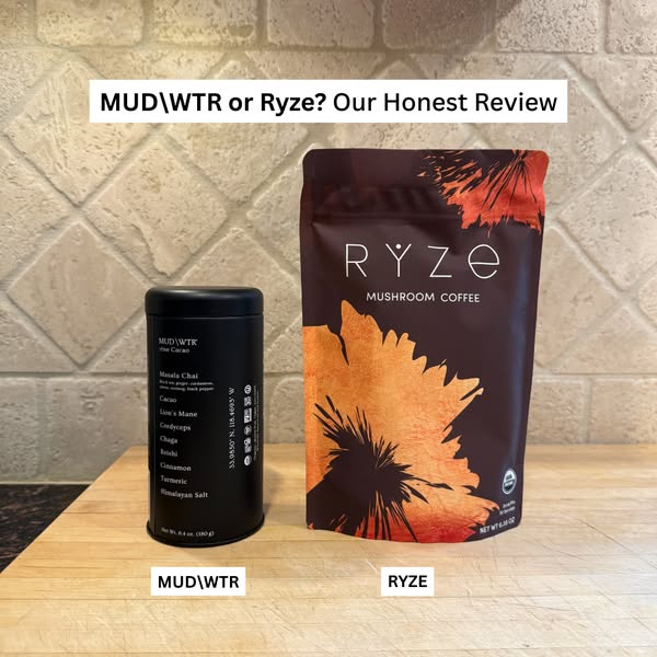 This ad compares MUD\WTR and Ryze mushroom coffee products, presenting an honest review.