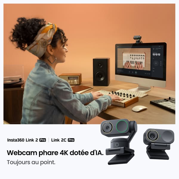 This ad showcases the Insta360 Link 2 Pro and Link 2C Pro webcams in a lifestyle setting, featuring a woman using the we