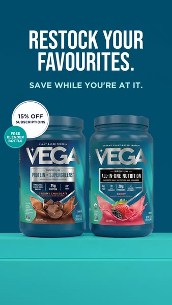 This ad promotes Vega plant-based protein powder, offering a discount for subscriptions and a free blender bottle. It hi