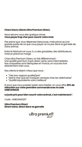 This is a text-based ad in French for Ultra Premium Direct cat food. It emphasizes the brand's direct-from-factory p