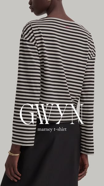 This ad is for Gwyn Marney t-shirt. The ad shows a woman wearing the shirt and the name of the brand is shown on top of 