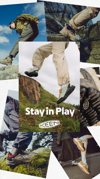 This ad uses a collage of images showing people wearing KEEN brand shoes, particularly while hiking and enjoying outdoor