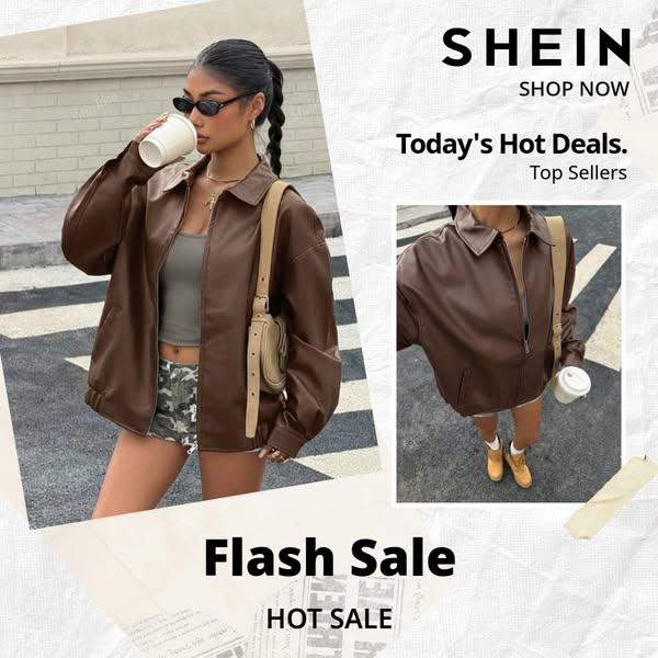 This image ad promotes SHEIN, highlighting a brown jacket as part of a flash sale featuring top sellers and hot deals.