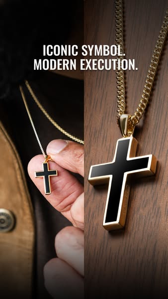 An image ad for black cross pendant necklaces that states "Iconic Symbol. Modern Execution."