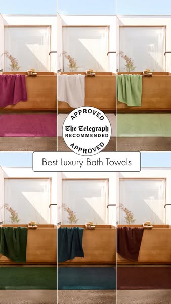 This ad features a grid of six product images showcasing bath towels in different colors, alongside an endorsement from 