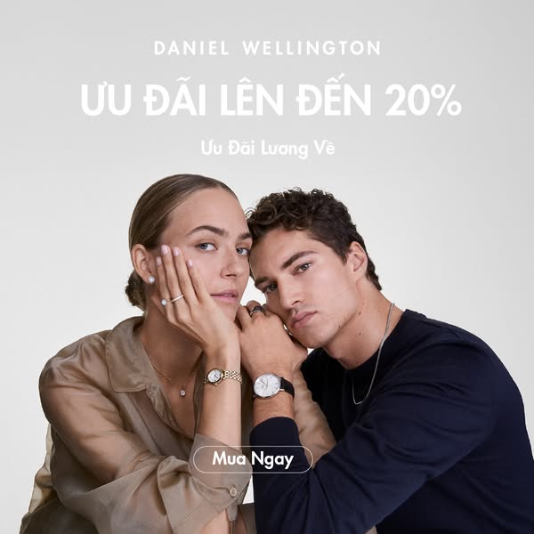 Image ad for Daniel Wellington featuring a mixed-gender couple modeling watches and rings with headline text that mentio
