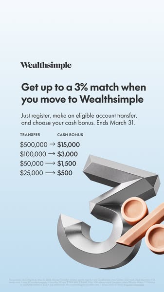 This static image ad for Wealthsimple encourages users to move their money to Wealthsimple by offering a 3% match. The a