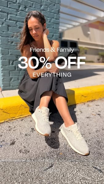 This ad promotes a Friends and Family discount of 30% off everything. It features a model wearing light-colored sneakers