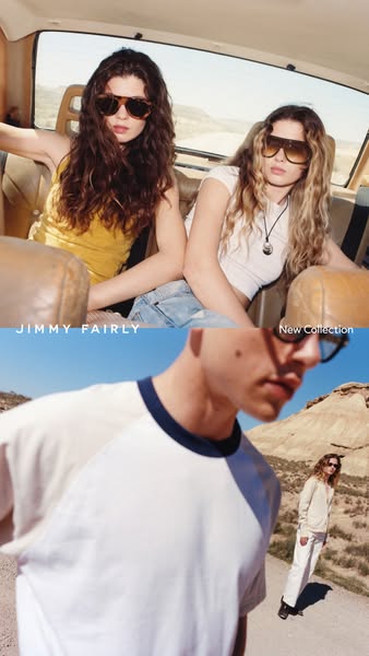 This ad for Jimmy Fairly eyewear features three models in outdoor settings wearing sunglasses from the brand's new c