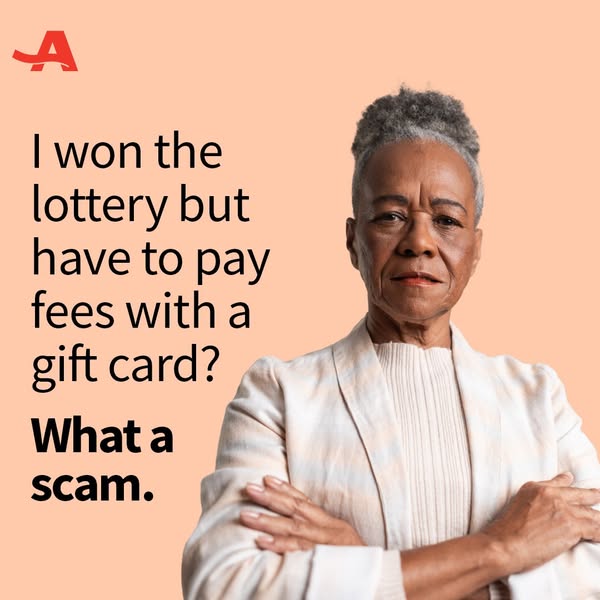 This ad presents a woman who indicates she received a lottery notification requiring her to pay fees with a gift card. S