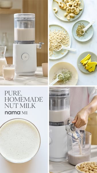 This ad promotes Nama's M1 nut milk maker as a simple way to create pure, homemade nut milk. It is a collage of imag