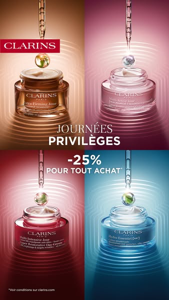 This ad for Clarins features four different day creams, each with a unique purpose. The ad highlights a special offer of