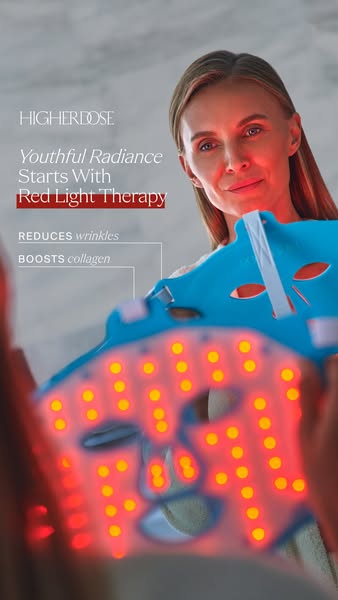 This ad for HigherDOSE promotes their red light therapy mask. The ad features a woman holding the mask up to her face, w
