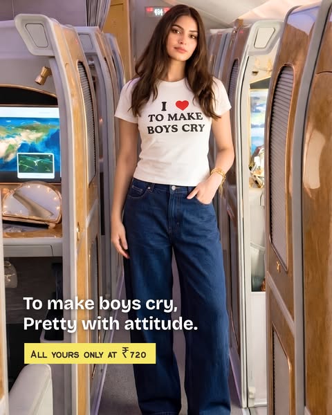 This ad features a young woman wearing jeans and a t-shirt with the phrase "I ❤️ TO MAKE BOYS CRY" on it. The 
