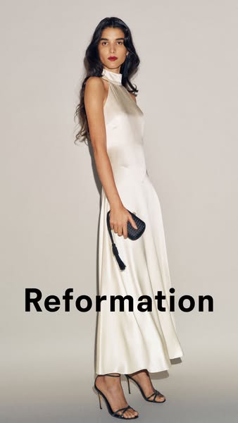 This ad features a woman wearing a Reformation dress. The ad is simple and focuses on the dress itself.