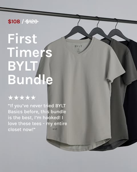 This image ad promotes the BYLT Basics bundle for first-time customers. It features a testimonial about the quality and 