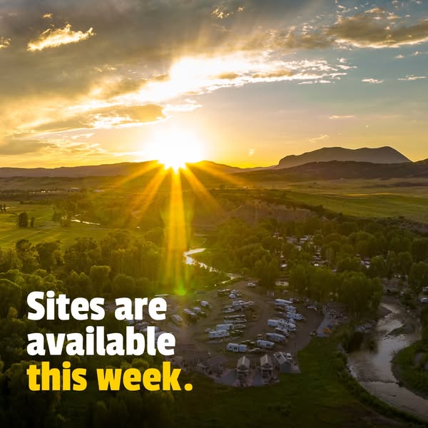 This image ad promotes available camping sites for the current week, set against a scenic backdrop of a sunset over a ca
