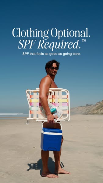 This image ad features a shirtless man at the beach carrying a cooler and beach chair. The headline emphasizes that whil