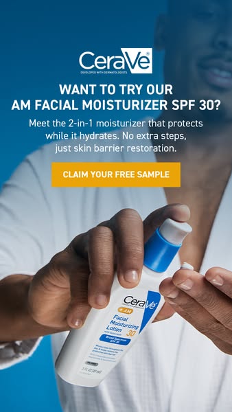This ad for CeraVe AM Facial Moisturizer SPF 30 utilizes a clean and inviting visual style, with a man dispensing the pr