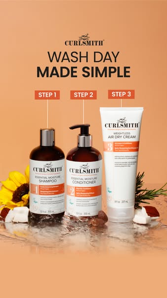 This ad showcases a simple three-step hair washing process using Curlsmith products. It is designed to demonstrate how t