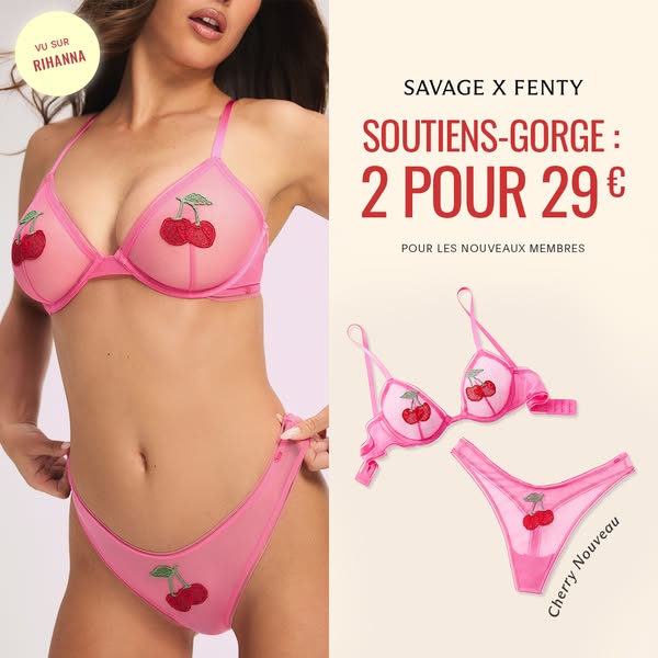 This image ad for Savage X Fenty features a pink lingerie set with a cherry design. The ad highlights a special offer fo