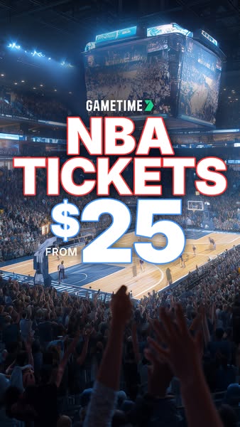 This ad promotes discounted NBA tickets through the Gametime app. The image features a basketball stadium filled with ch