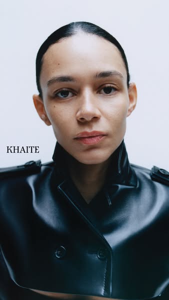 The ad features a close-up shot of a model wearing a black leather jacket or coat by Khaite. The visual focus is on the 
