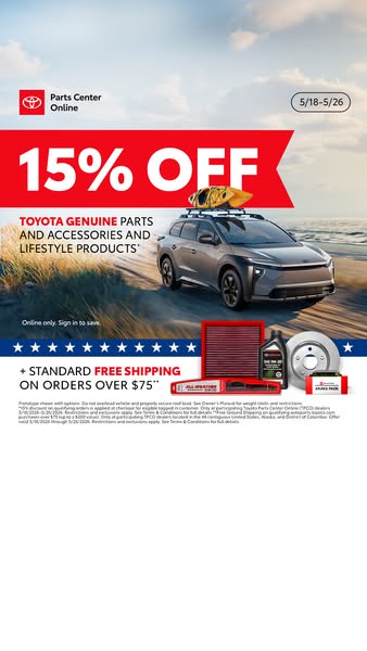 This ad promotes Toyota genuine parts and accessories with a 15% discount and free shipping over $75. It features a Toyo
