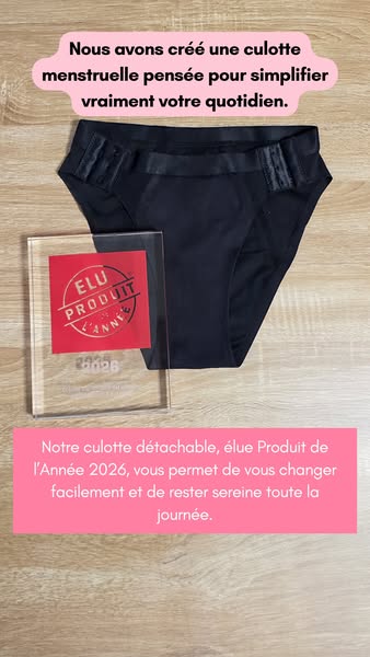 An image highlighting the features of a detachable menstrual panty. It emphasizes the ease of changing and maintaining a
