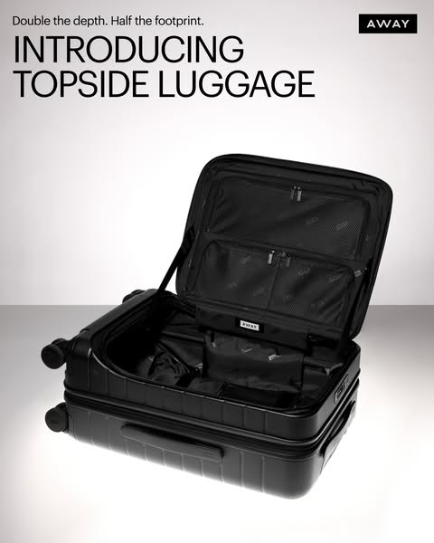 This ad showcases Away's topside luggage, emphasizing its ability to double depth while maintaining a compact footpr