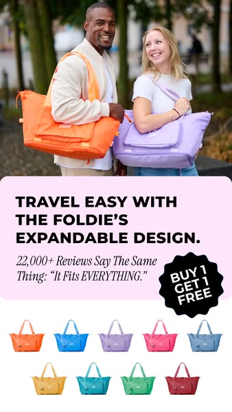 An ad for Foldie bags highlights their expandable design. The ad features models with the bags and highlights a promotio