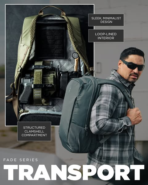 This ad for the Fade Series Transport bag shows a man wearing the product, with open view of the bag's interior and 
