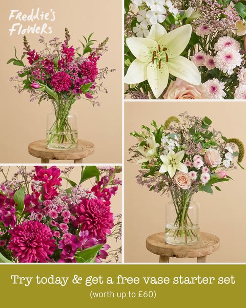 This image ad for Freddie's Flowers presents four quadrants with close-up views of flower bouquets in glass vases. T