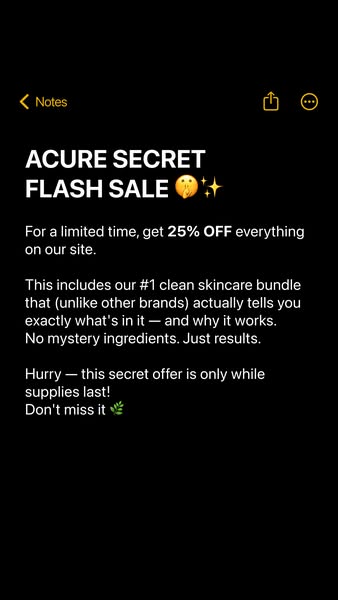 An ad promoting ACURE's skincare products, advertising a flash sale for 25% off all items on their site, highlightin